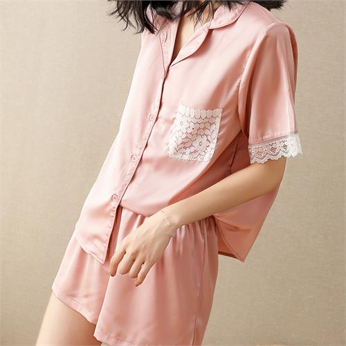 缎面蕾丝短袖短裤套装