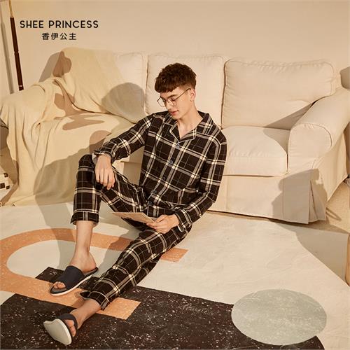 格纹纯棉针织男士套装